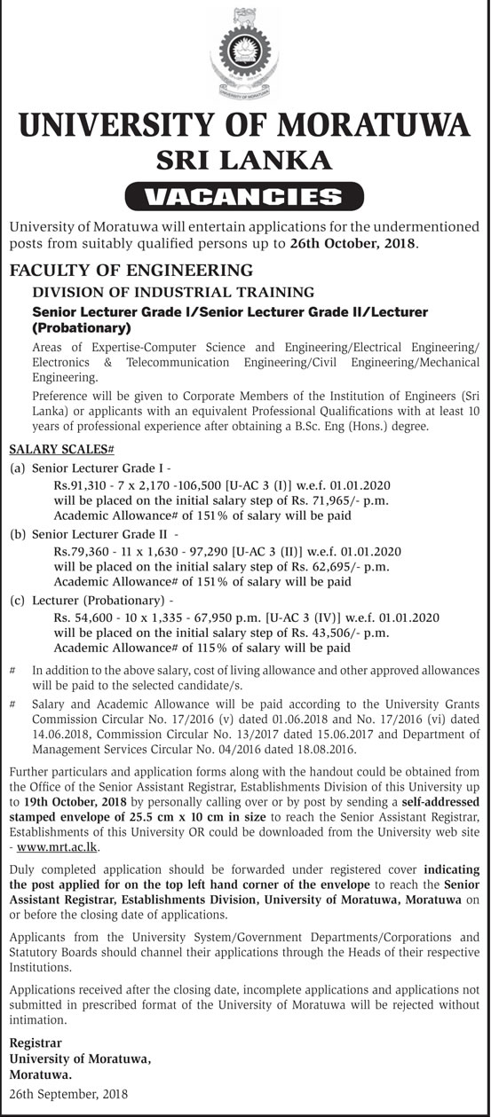 Senior Lecturer, Lecturer - University of Moratuwa